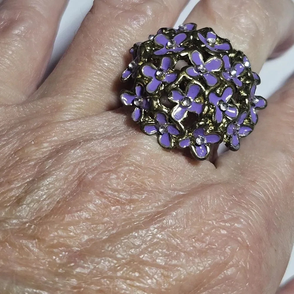 Gold Tone Purple Enamel Flower Ring With Clear Rhinestone Accents Adjustable